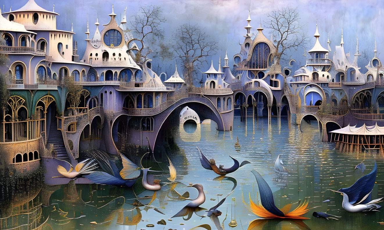 Fantastical cityscape with castle-like buildings, serene lake, colorful birds, and misty backdrop