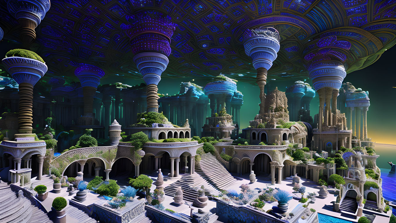 Fantastical landscape with ornate towers, arches, and stairways in vibrant, otherworld