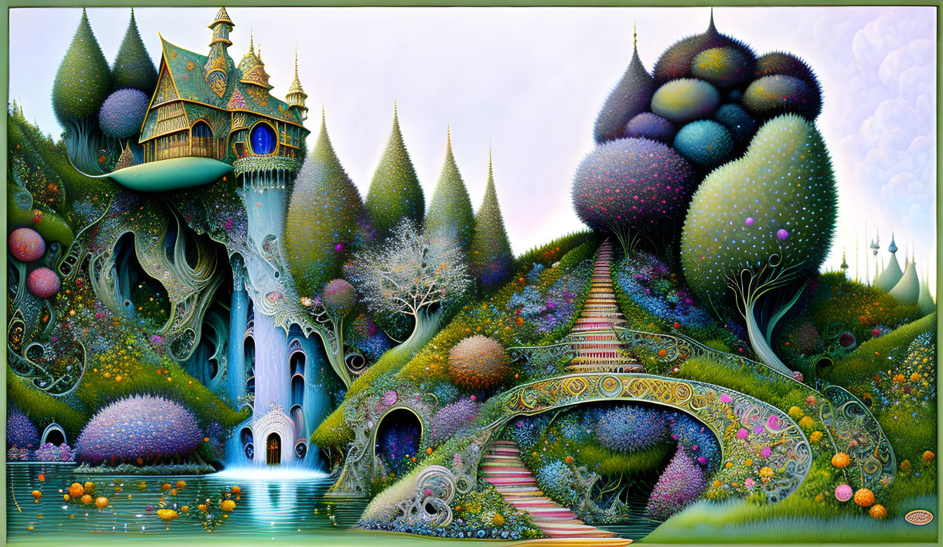 Whimsical castle in vibrant, detailed landscape