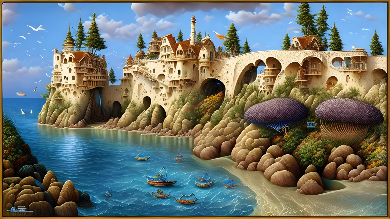 Coastal Fantasy Landscape with Castle-Like Structures, Boats, Mushrooms, Flora,