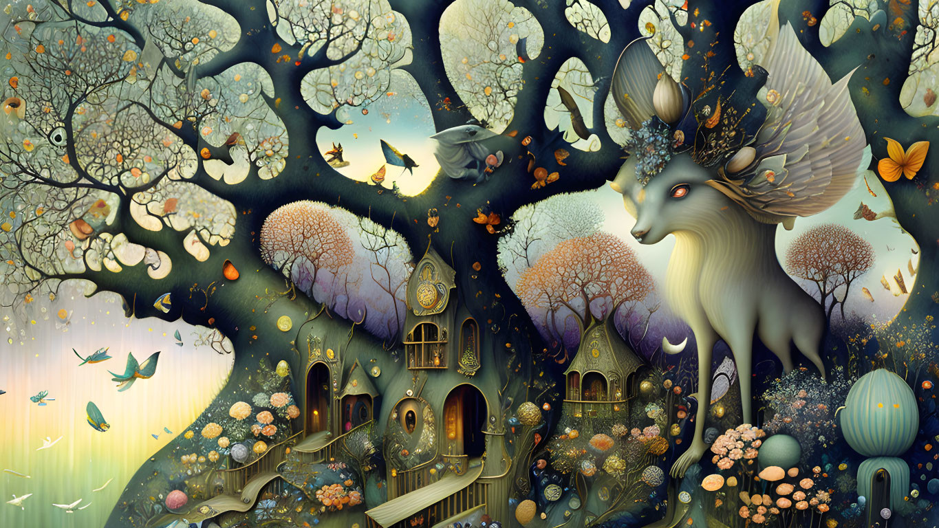 Colorful forest illustration with houses, fox, birds, and butterflies