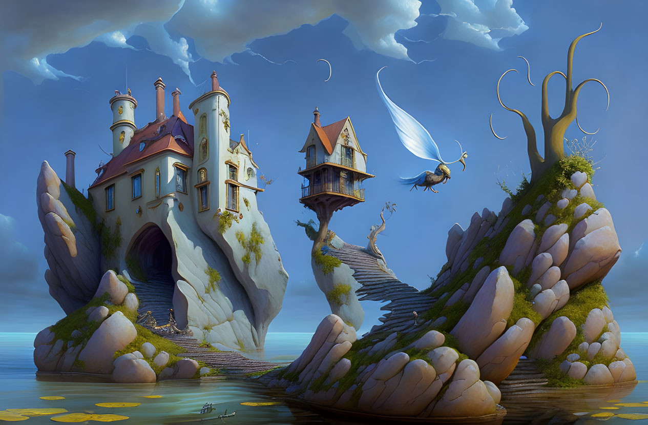 Whimsical buildings on rocky islands under serene sky