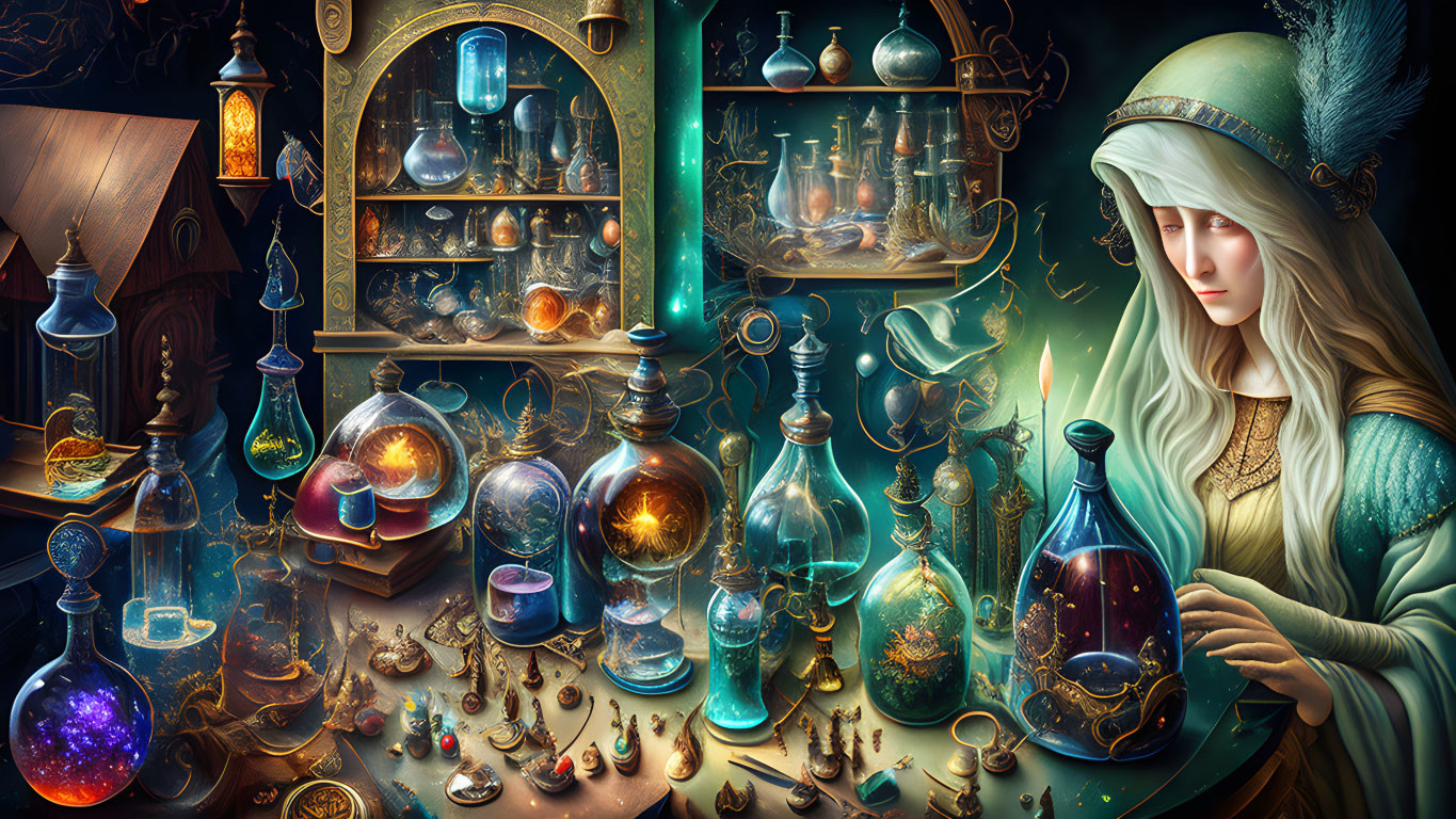 Mystical alchemist with glowing potions and artifacts in enchanting workspace