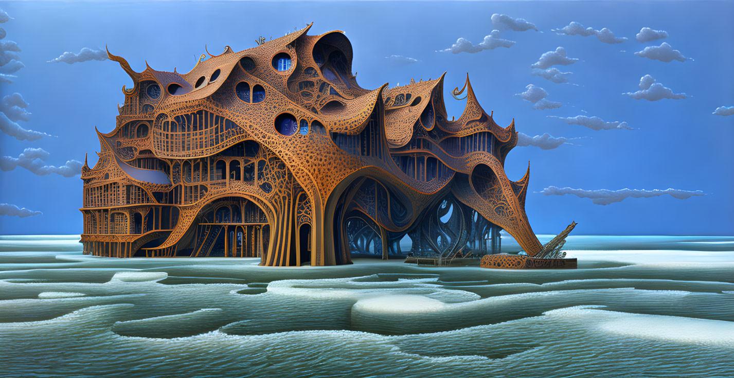 Fantastical organic-shaped structure on frozen sea under blue sky