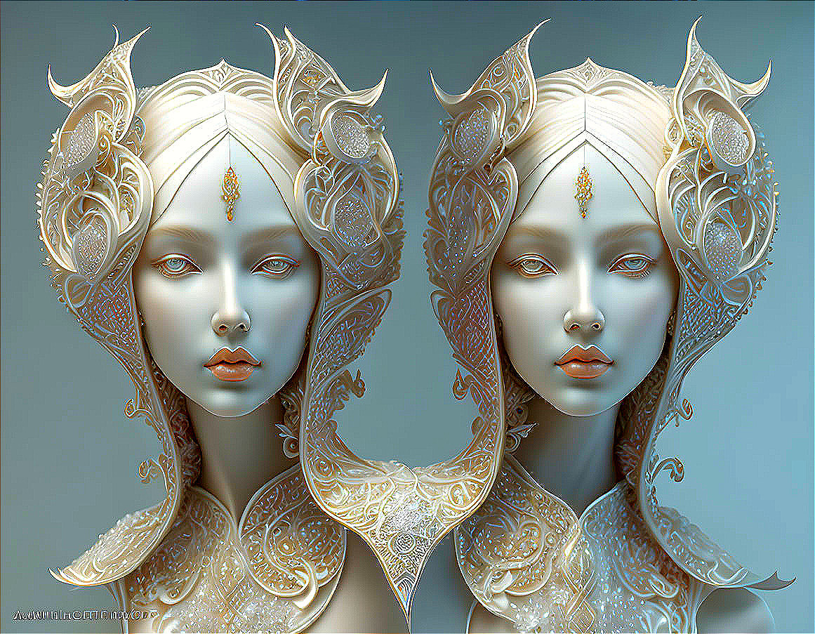 Ethereal twin figures with ornate headdresses and golden detailing