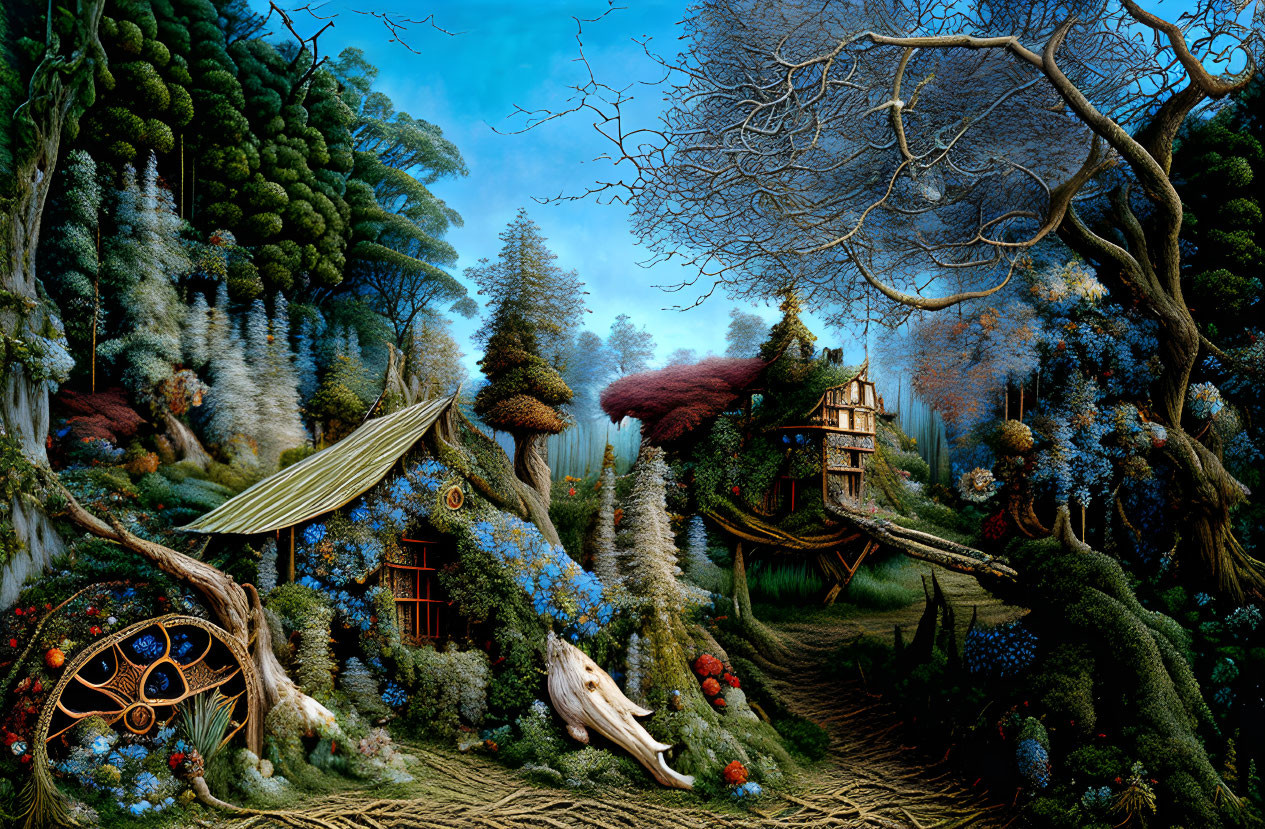 Detailed Fantasy Forest with Whimsical Trees and Enchanting Cottages