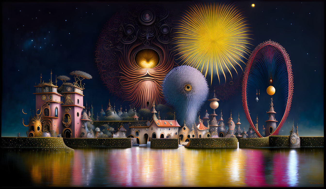 Vibrant surreal digital artwork of cosmic cityscape