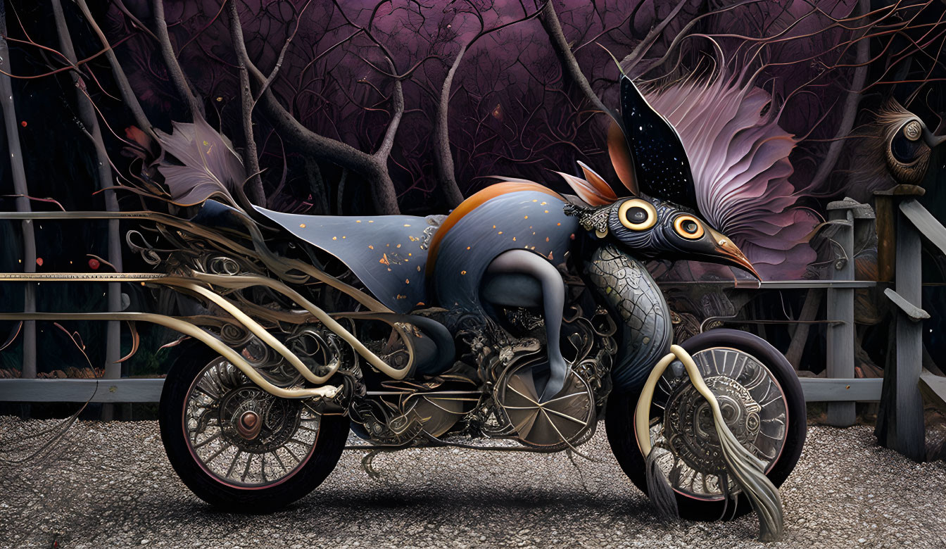 Bird-Motorcycle Hybrid Creature in Dark Forest Scene