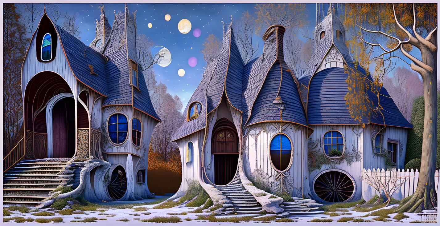 Fantasy-style houses under starry sky with moon, snow, and trees.