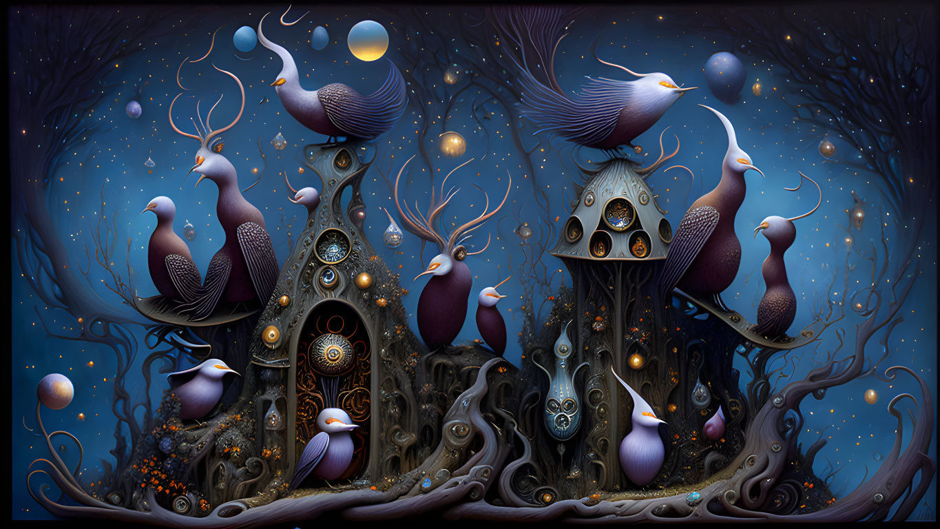 Stylized bird artwork with celestial orbs and fantastical tree