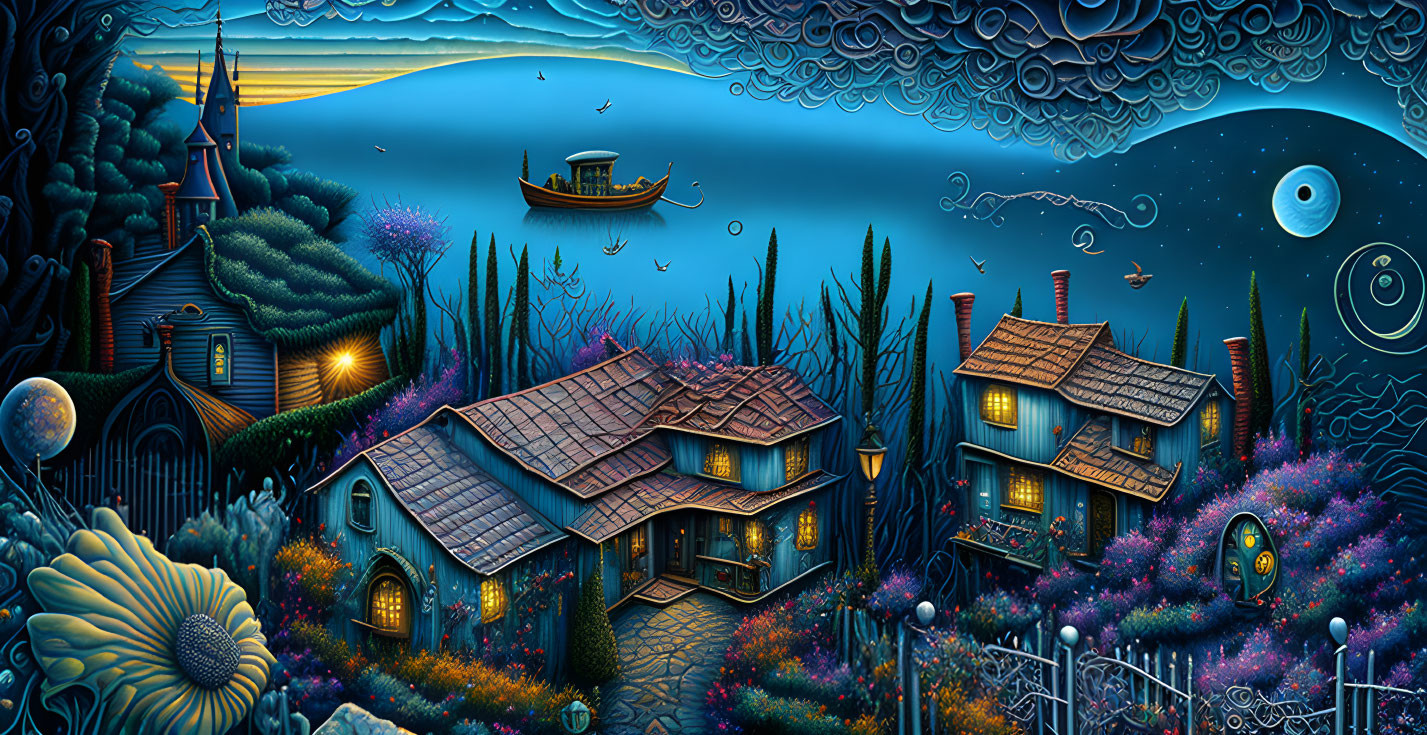 Whimsical houses, gardens, boat on serene sea under starry sky