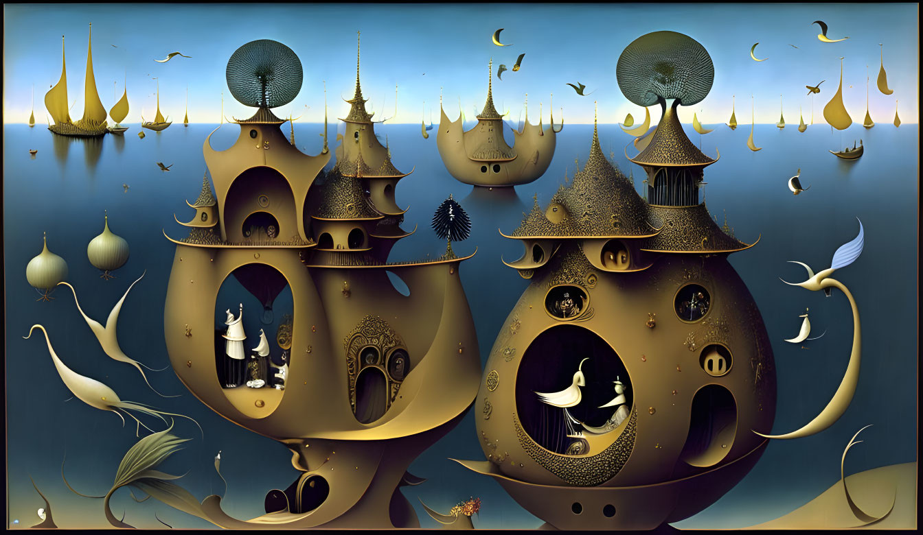 Surreal Landscape with Golden Structures and Whimsical Creatures