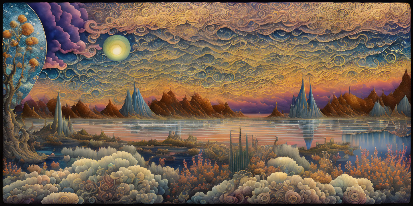 Surreal landscape painting with stylized clouds, sun, mountains, lake, tree, and vibrant