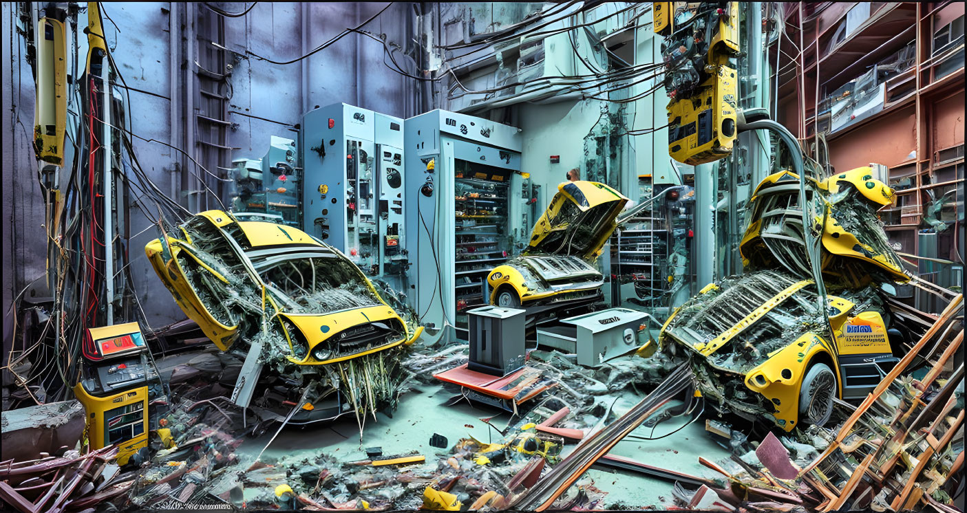 Damaged yellow cars in chaotic industrial scene