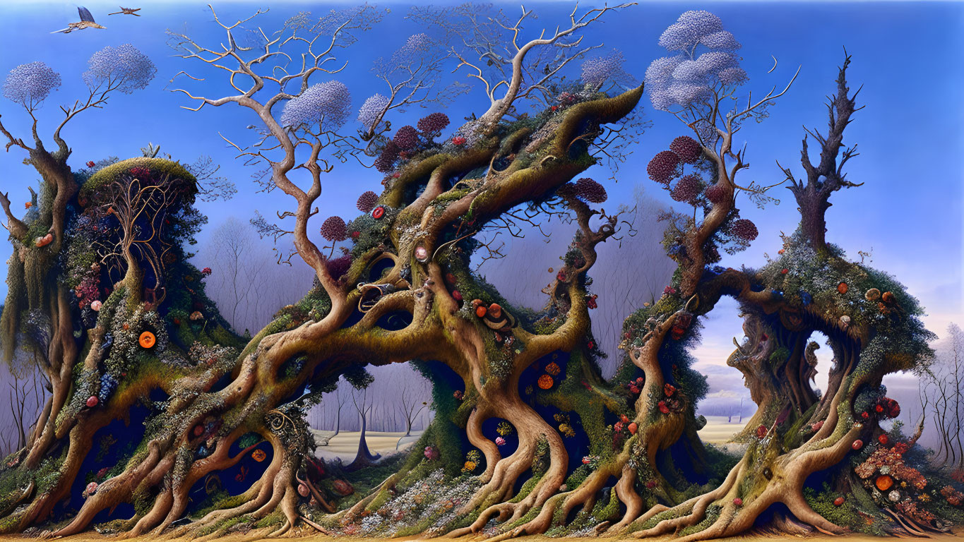 Intertwined trees and vibrant flora in surreal landscape