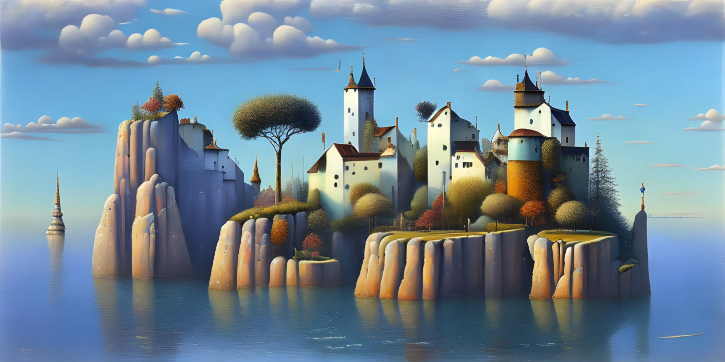 Surreal painting: Castle town on vertical cliff islands, calm blue waters, clear sky