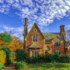 Colorful Stylized Landscape with Houses, Trees, Sky, and Birds