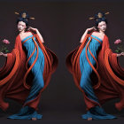 Digital Artwork: Identical Women with Red Hair in Blue Dresses Amidst Mystic Backdrop