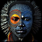 Detailed Digital Artwork: Woman with Silver and Gold Ornaments and Orange Eye