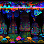 Colorful Psychedelic Illustration of Tribal Masks and Figures