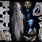 Fantasy triptych with ornate architecture and marine life on dark background