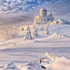 Majestic castle on cliff in serene wintry landscape