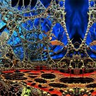 Panoramic fantasy fractal landscape with vivid blue hues and intricate alien cathedral elements