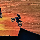 Motorcyclists jumping in autumn forest with foggy backdrop