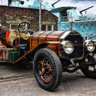 Steampunk-style car with brass detailing and whimsical architecture.