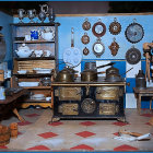 Rustic Kitchen with Wooden Furniture and Antique Copper Utensils