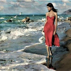 Woman in Red Outfit by Serene River Landscape