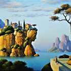 Whimsical fantasy landscape with rocky islands, ship, mushroom-like trees, and butterflies