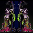 Stylized female figure with ornate antlered headdress in dark fantasy diptych