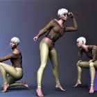 Six stylized fantasy figures with elongated limbs in ornate beige and brown outfits