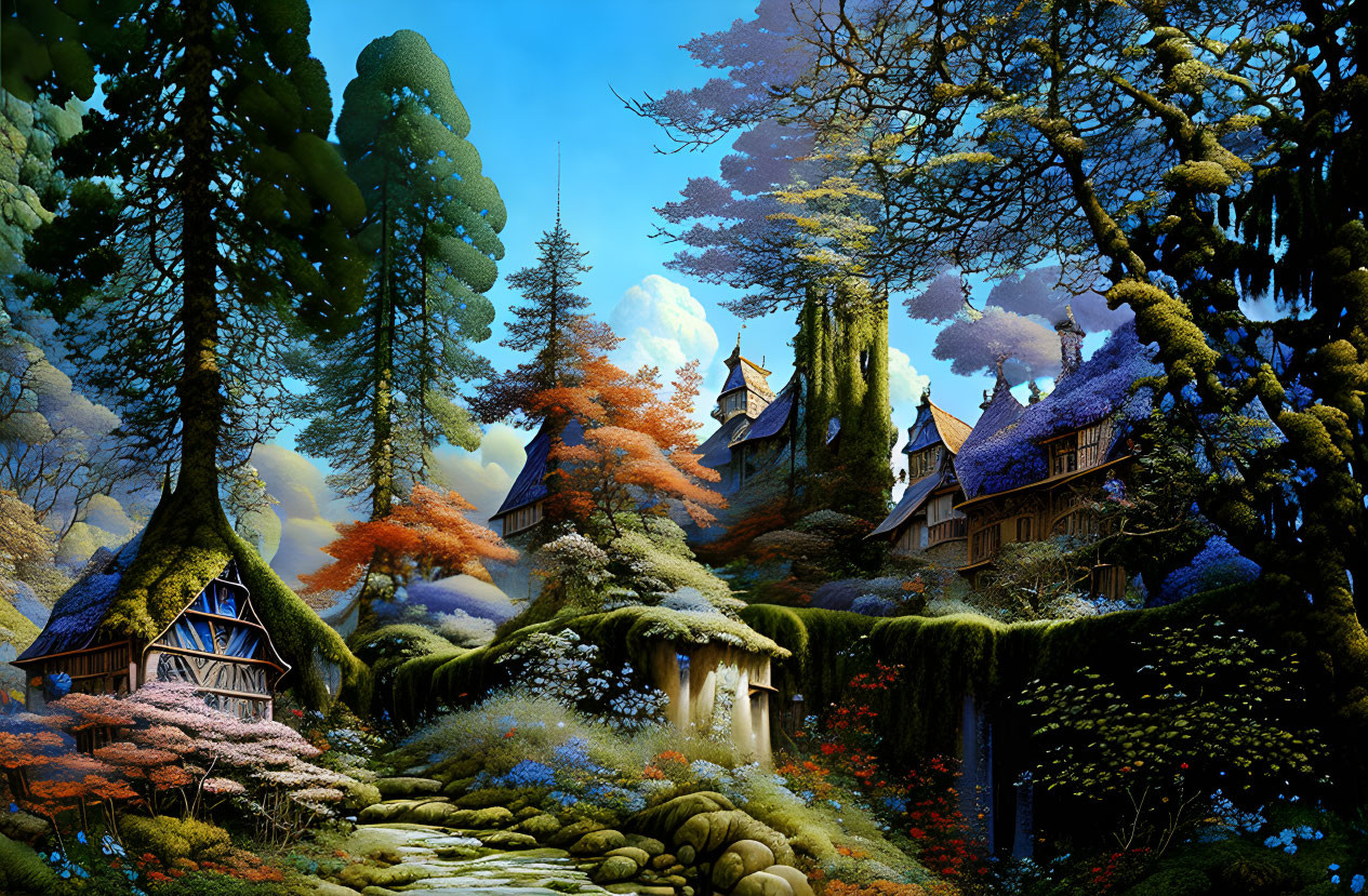 Colorful Trees and Quaint Cottages in Enchanted Forest Scene