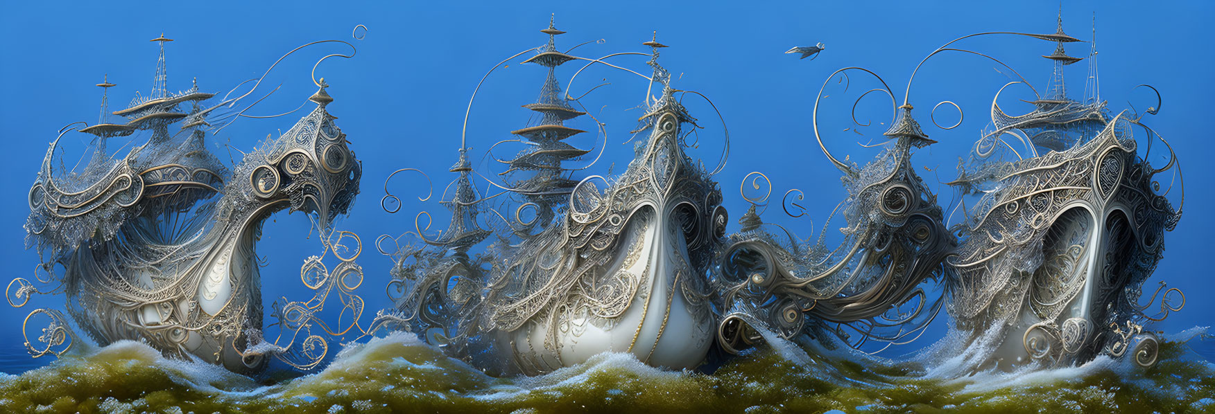 Panoramic digital artwork of surreal structures in frothy sea