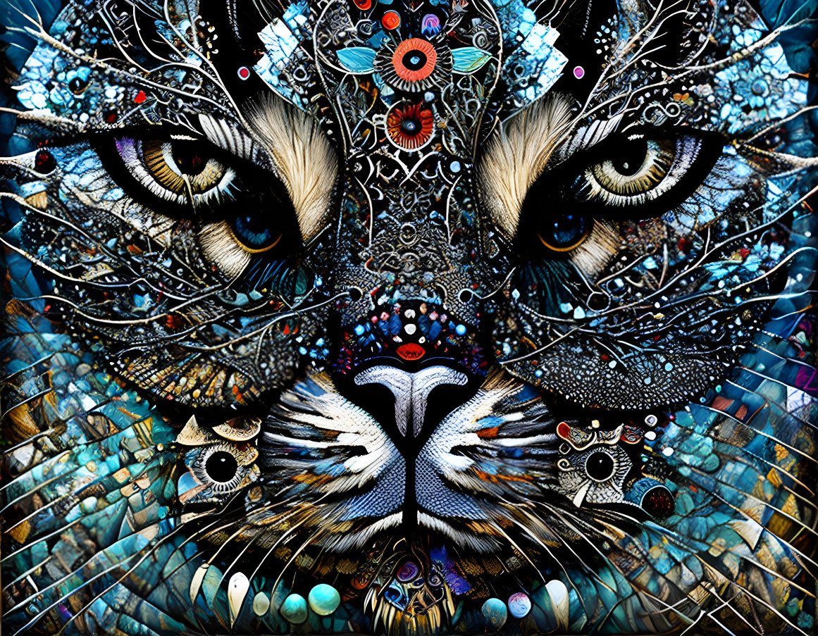 Colorful Stylized Tiger Face Artwork with Detailed Patterns