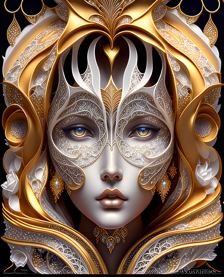 Stylized digital artwork of ornate female figure with golden and white headpieces and blue eyes