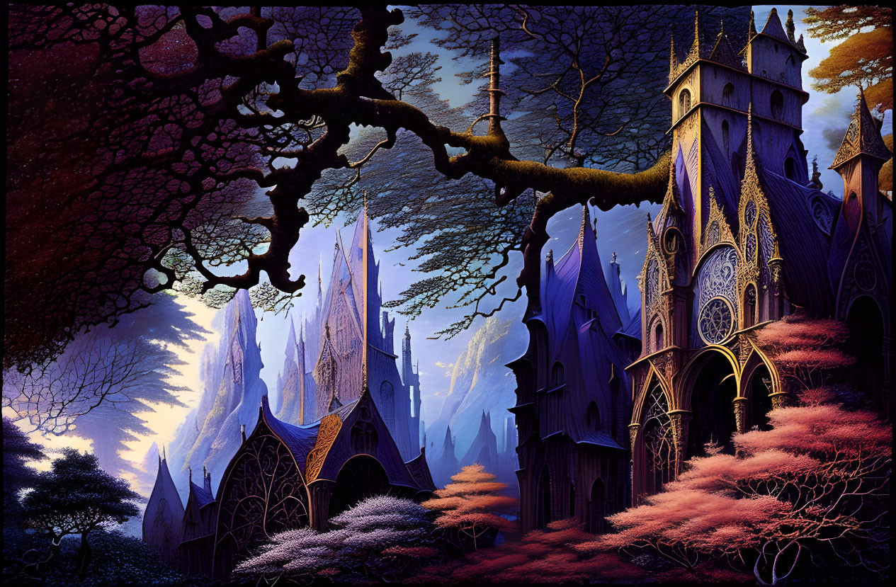 Gothic-style fantasy castle in purple and pink foliage with dramatic sky.