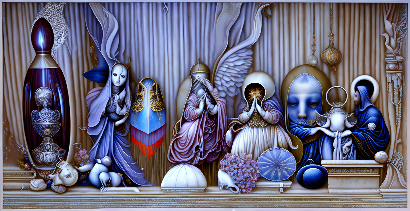 Surreal puppet-like figures in blue and gold against classical architecture