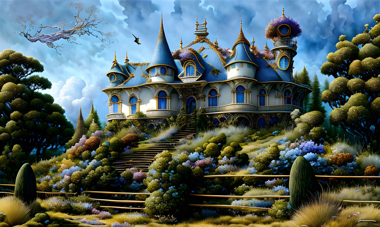 Whimsical castle with blue rooftops in lush fantasy landscape