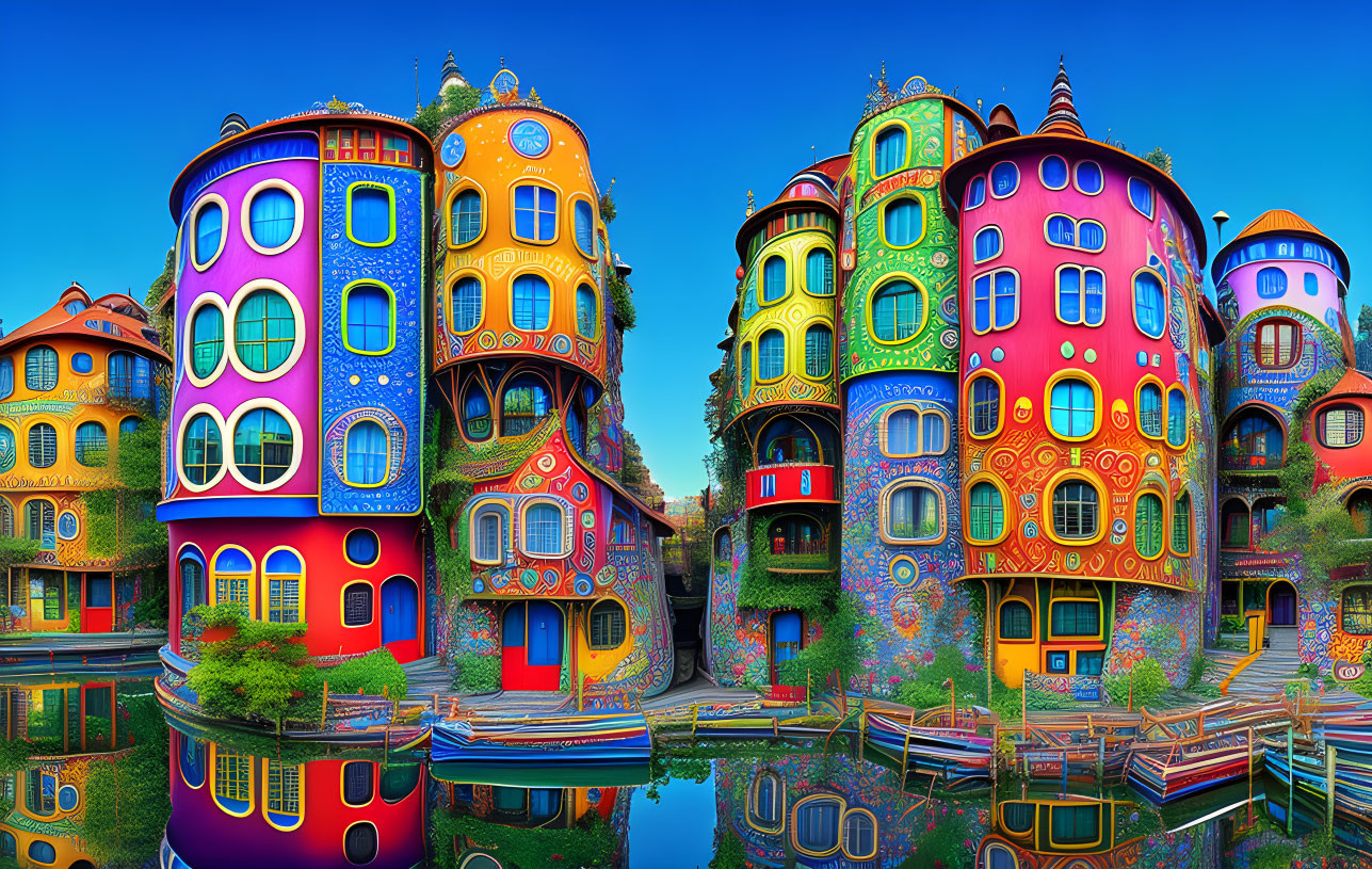 Colorful whimsical buildings with spherical elements reflected in calm waterway