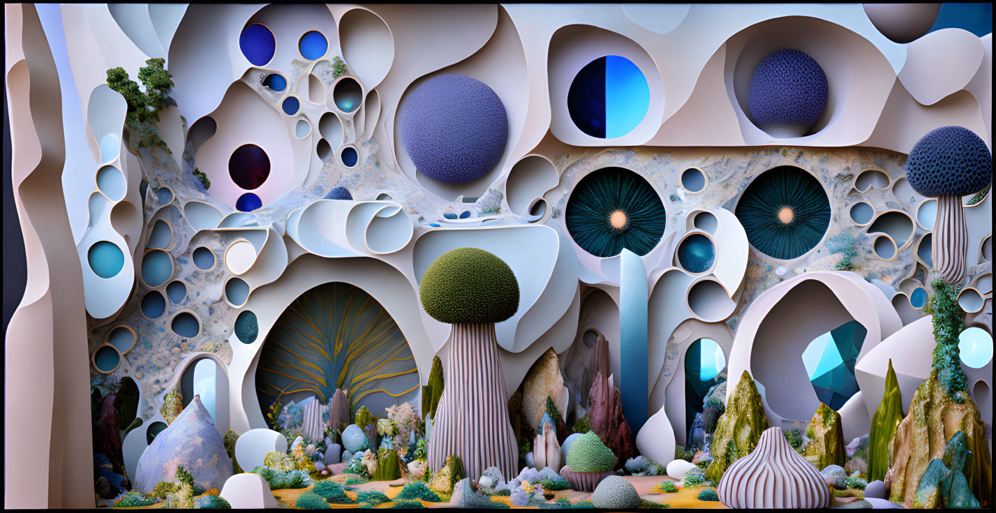 Abstract surreal landscape with organic shapes in blue, white, and beige tones