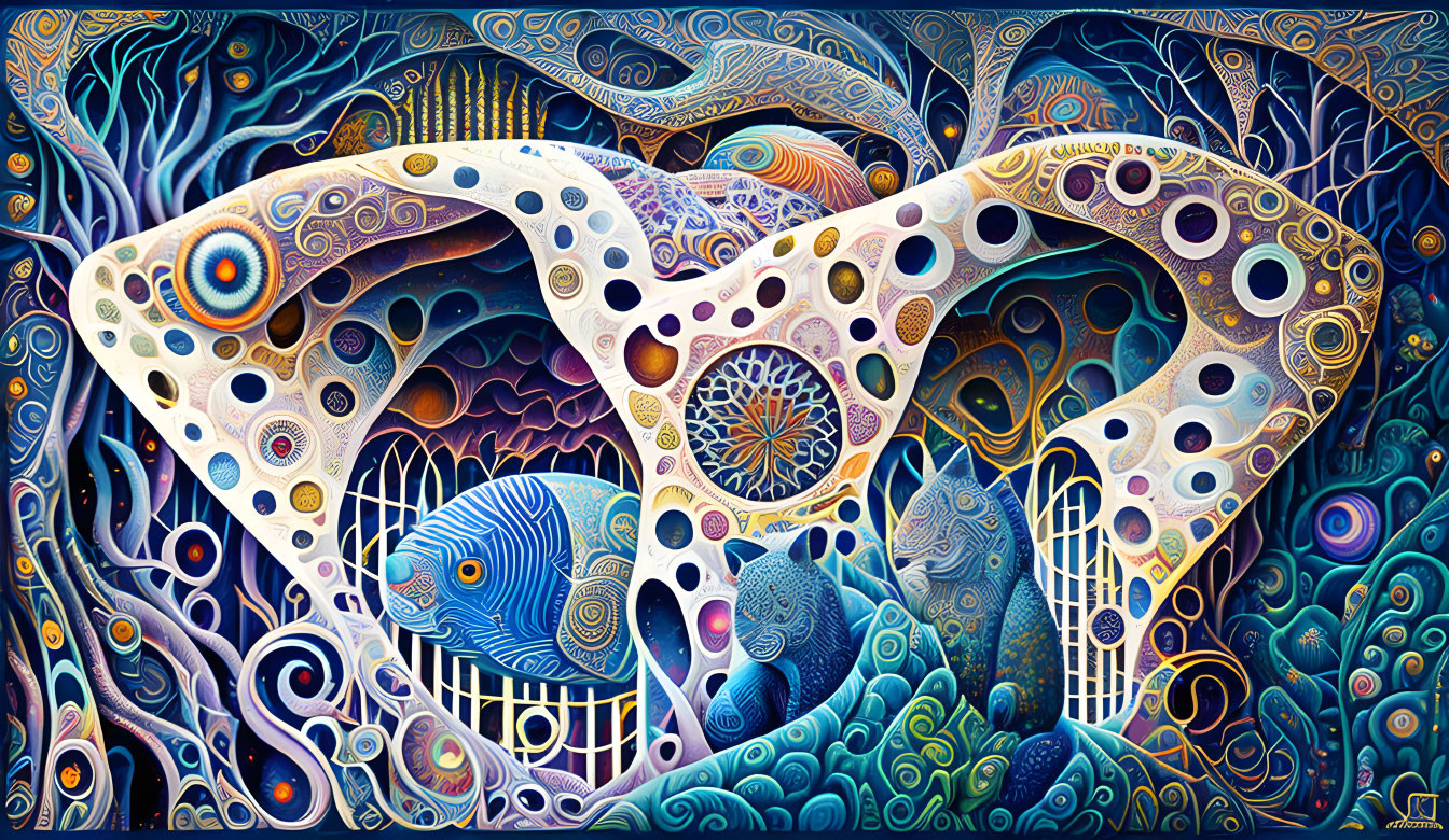 Colorful Abstract Painting with Whale-Like Figures & Swirling Patterns