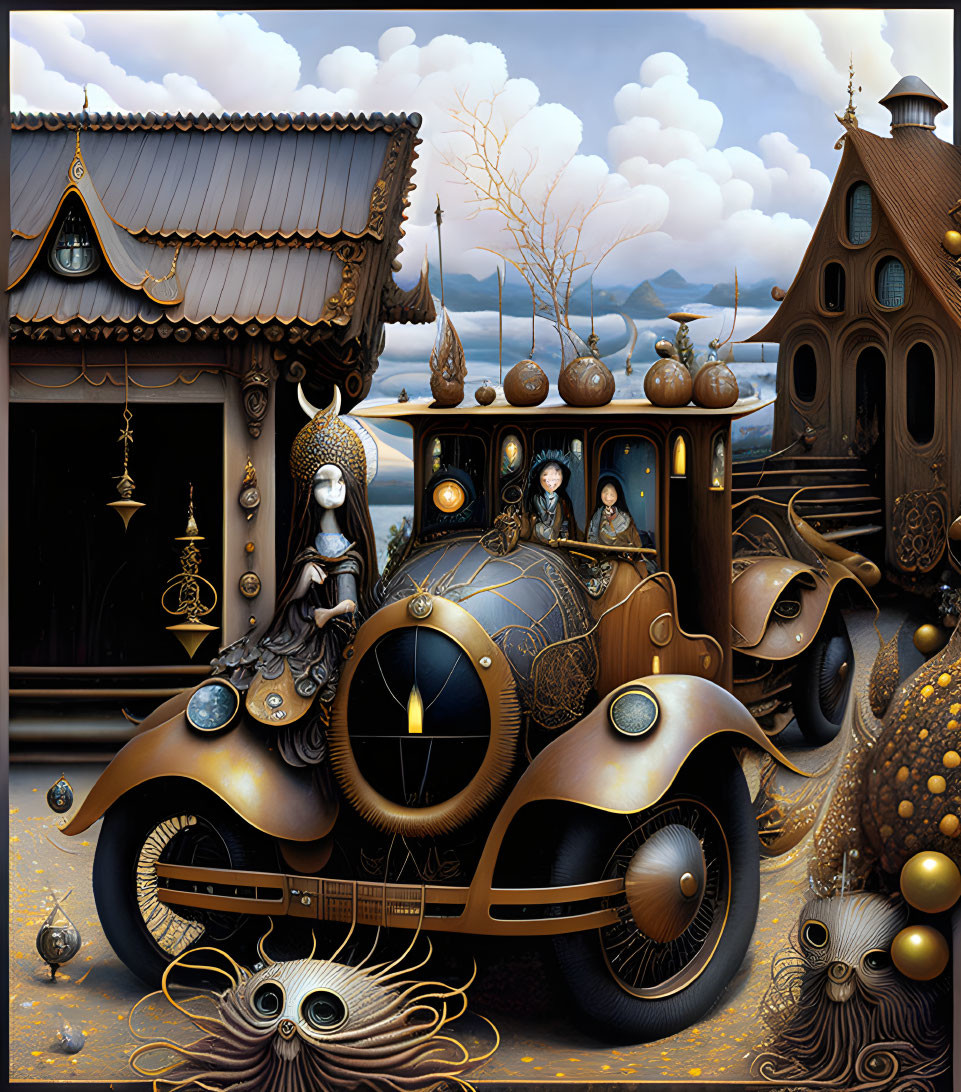 Masked figures in steampunk car with whimsical houses & intricate details