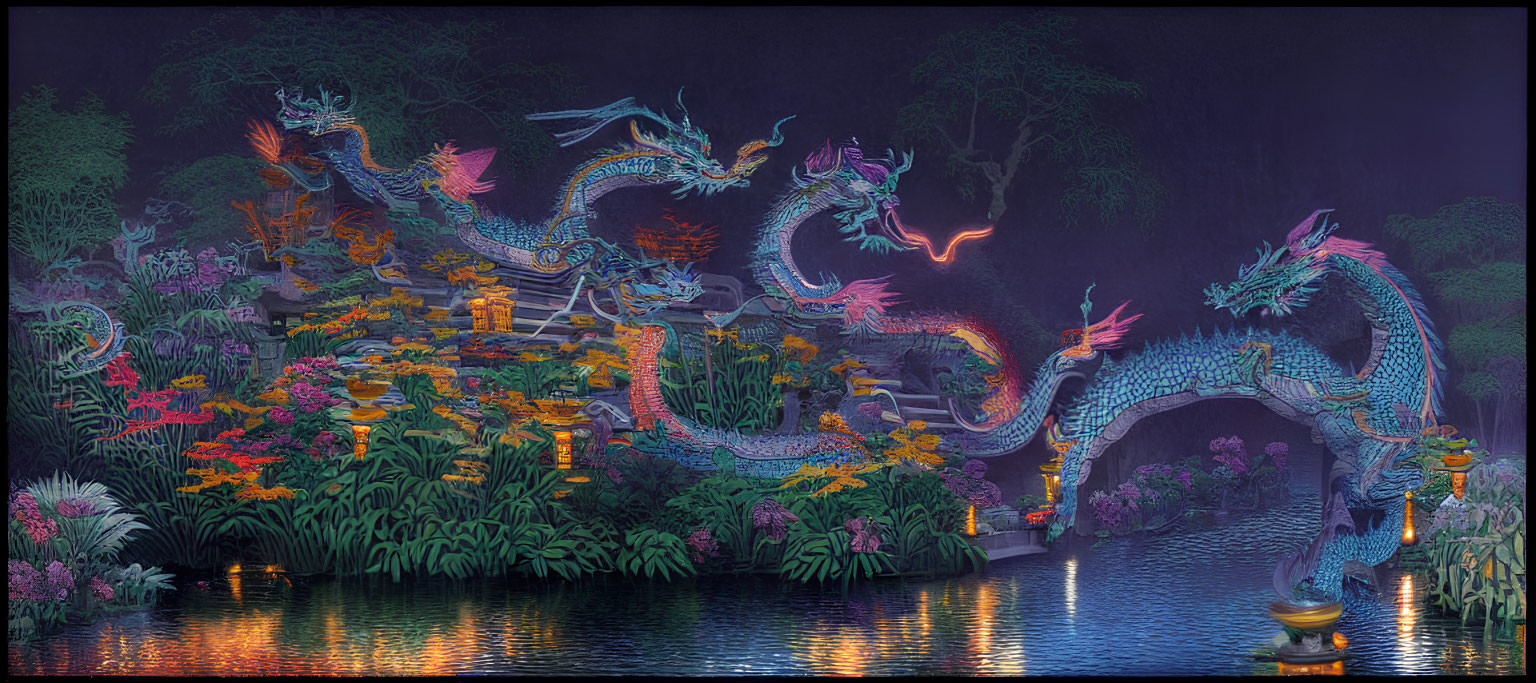 Colorful Dragons in Serene Moonlit Landscape with Water Feature