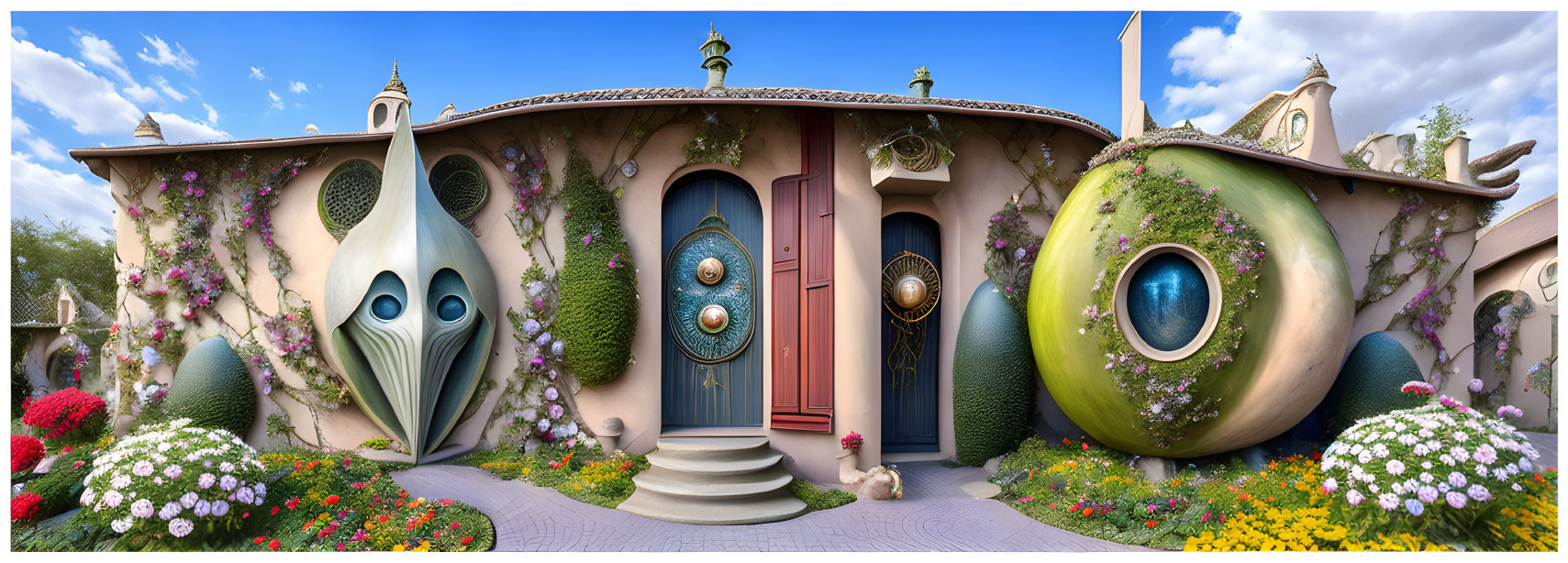 Panoramic fairytale cottage with round doors and windows surrounded by colorful flowers