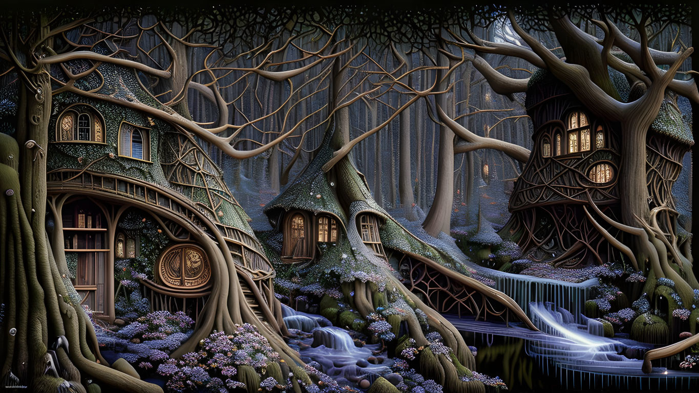 Whimsical treehouses in enchanted forest with waterfalls