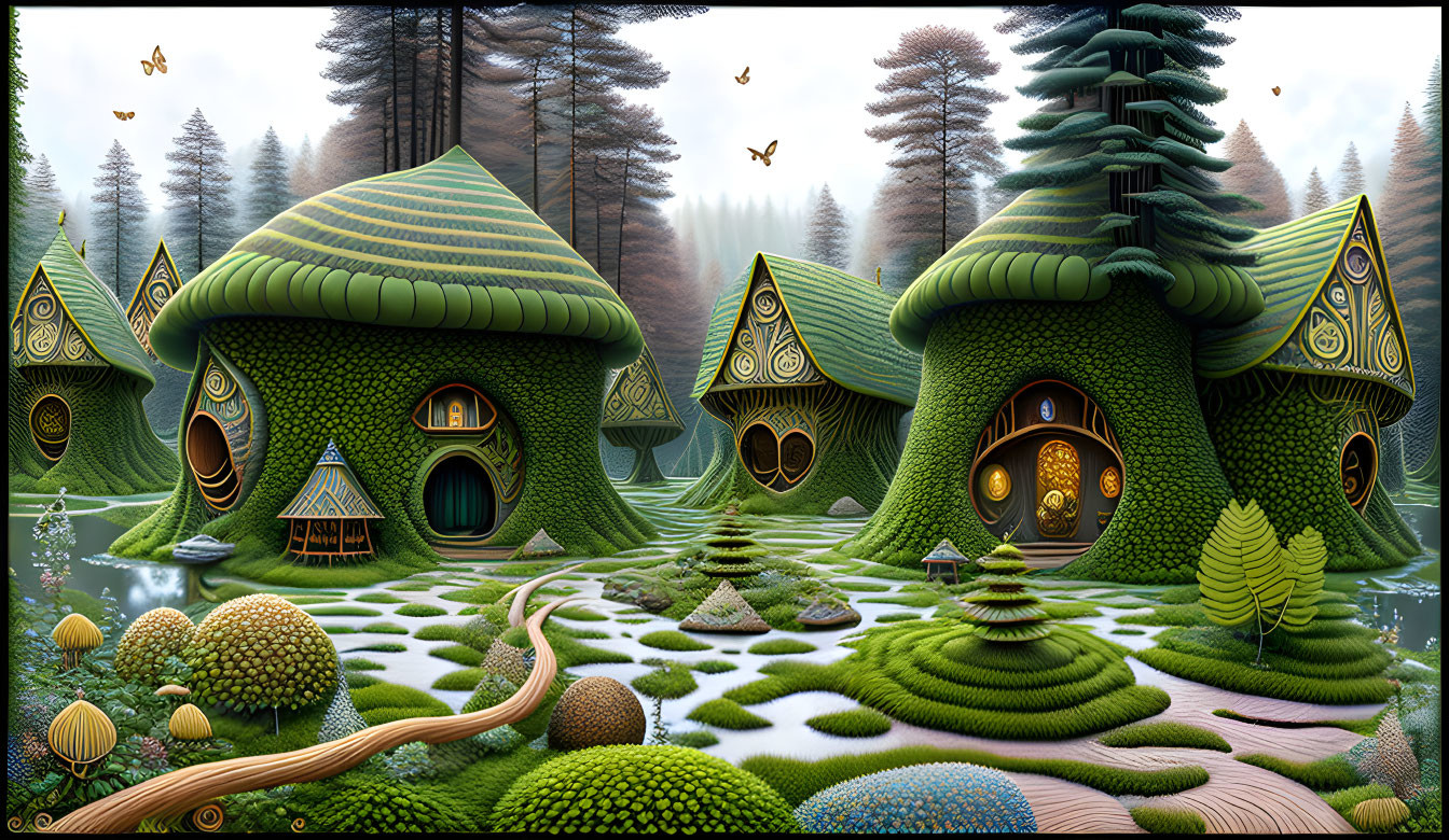 Whimsical fantasy forest landscape with mushroom-shaped green houses, trees, foliage, winding path, and