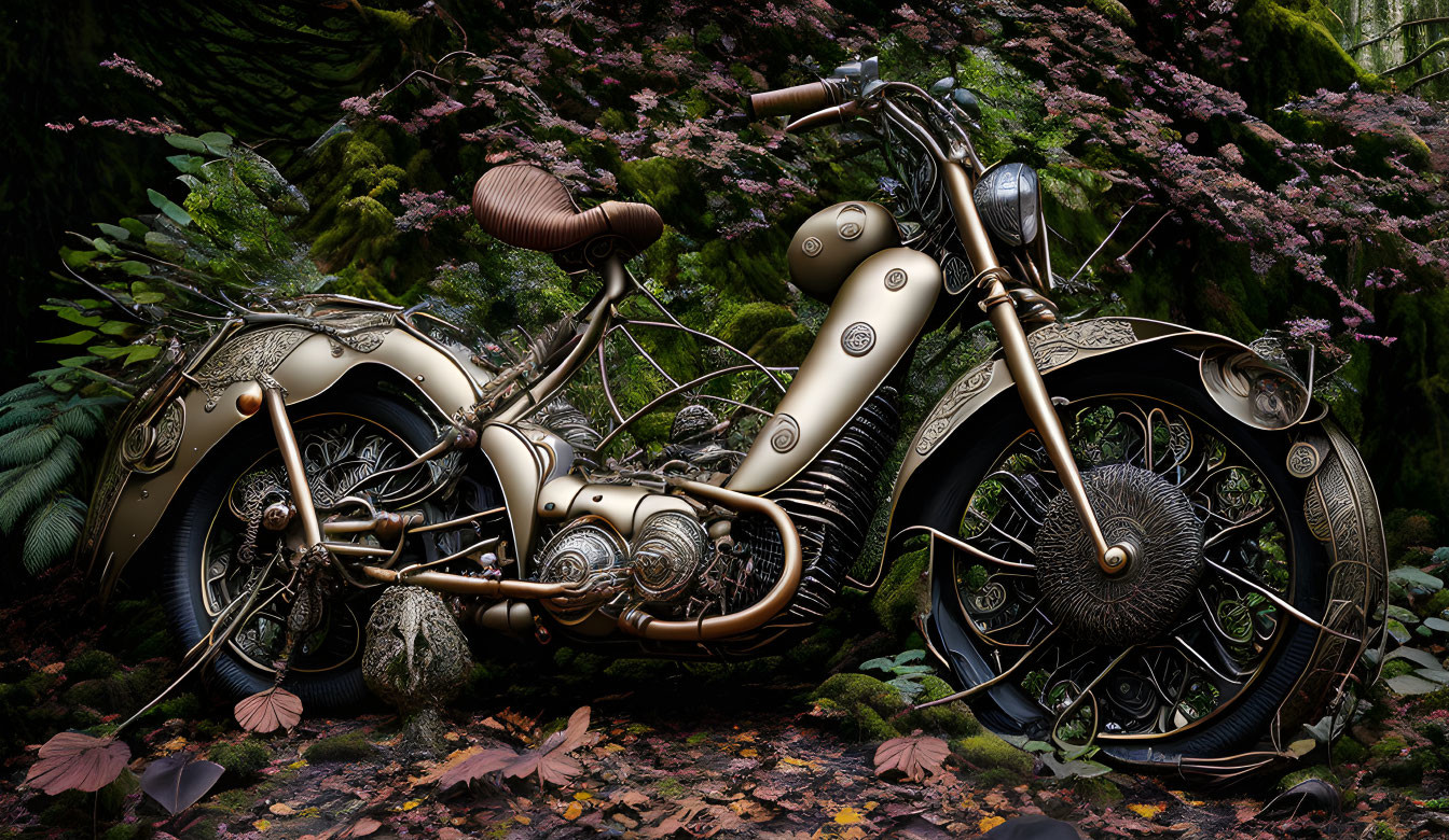 Detailed Steampunk Motorcycle in Forest Setting